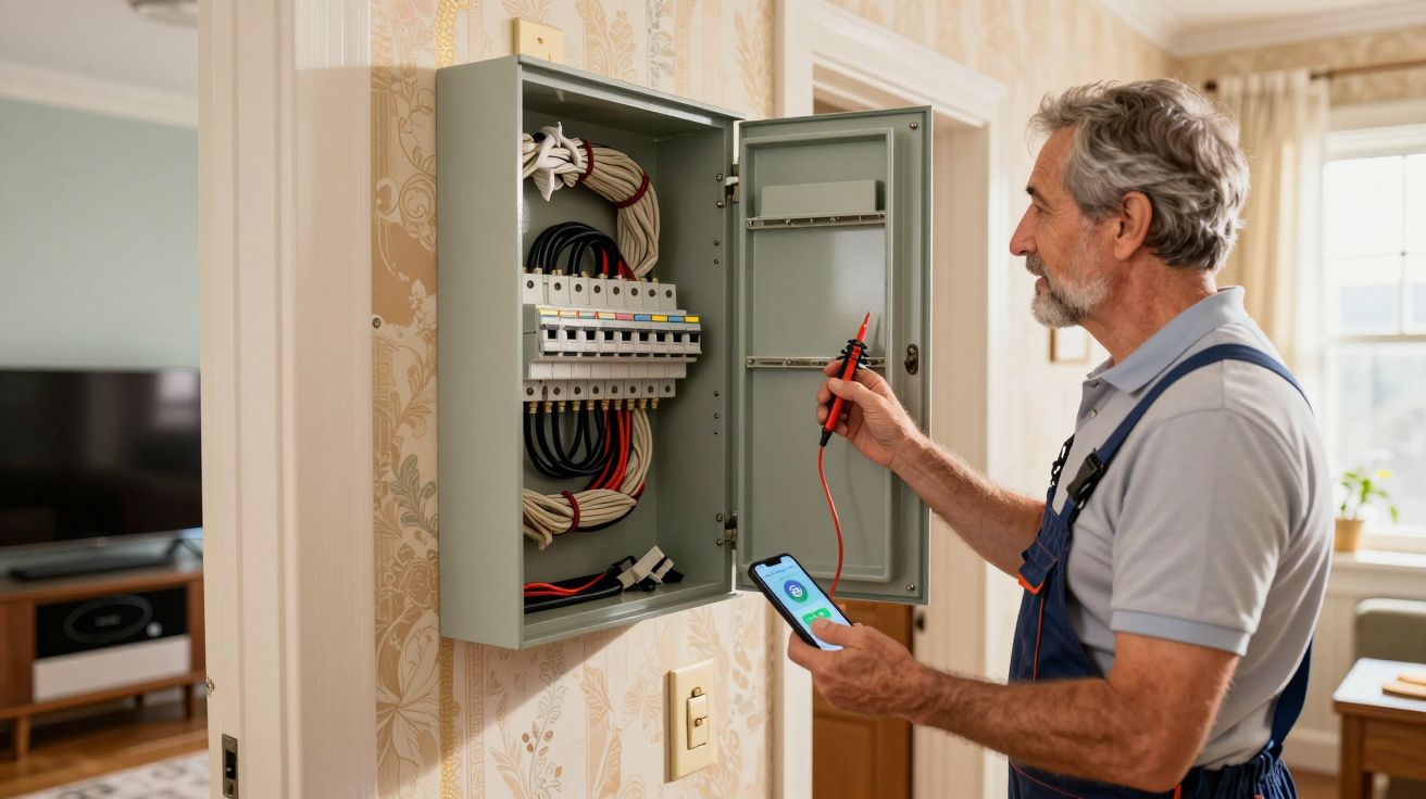 Électricien inspectant un tableau électrique ouvert avec un tournevis et une application mobile dans une maison.