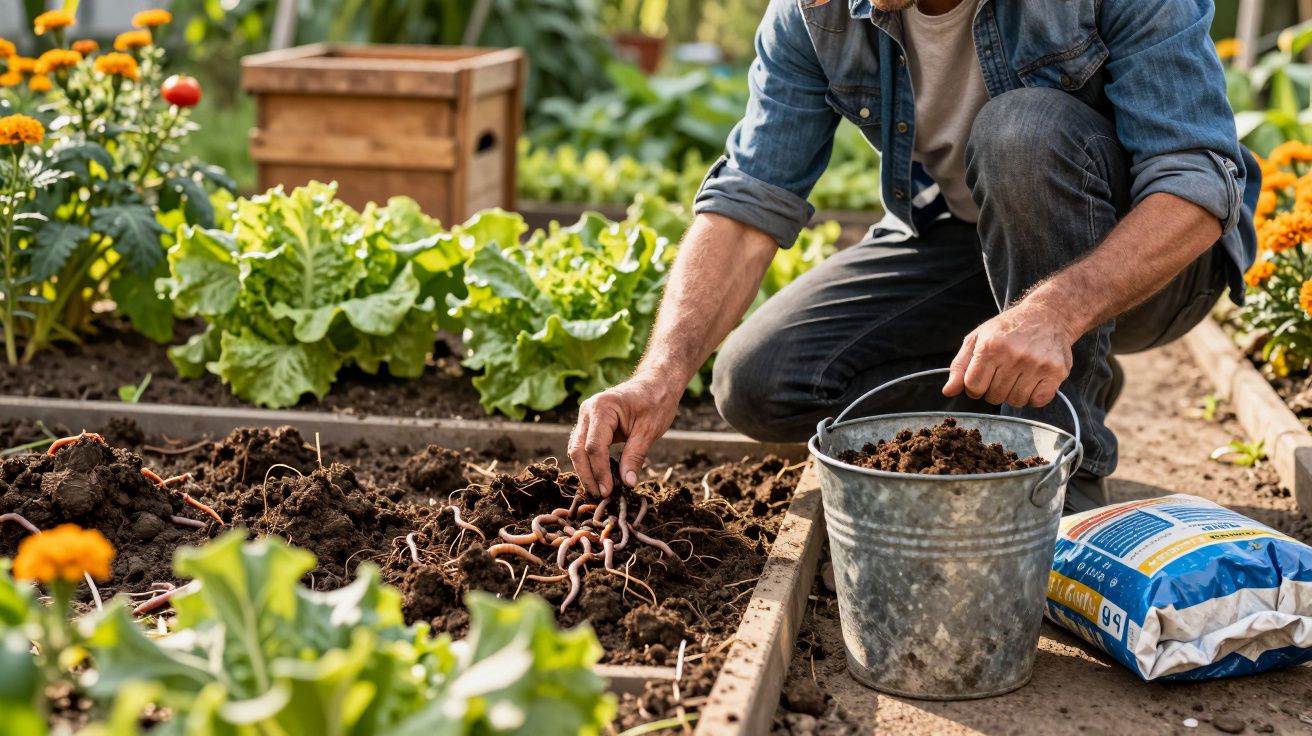 Homme prenant des vers de terre dans un jardin potager, avec un seau et des légumes en arrière-plan.