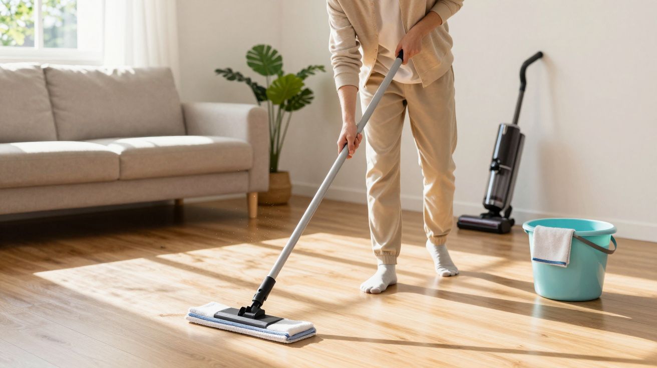 Personne en vêtements décontractés nettoyant un sol en bois avec une serpillière dans un salon lumineux.