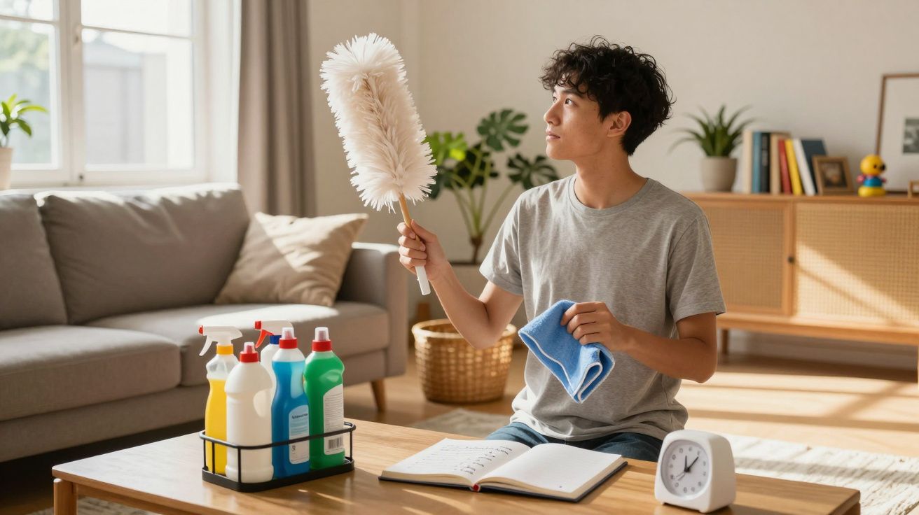 Jeune homme nettoyant avec plumeau et chiffon dans un salon lumineux, table avec produits et livre ouvert.