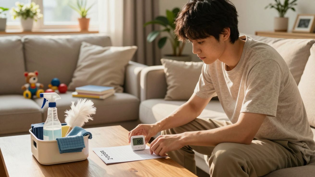 Jeune homme assis sur un canapé, planifiant son emploi du temps avec un minuteur sur une table basse.
