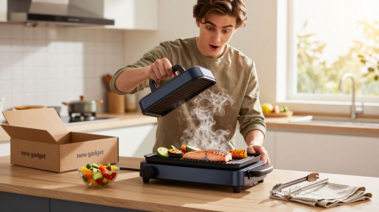 Jeune homme surpris cuisinant du saumon et légumes sur un grill électrique dans une cuisine moderne.