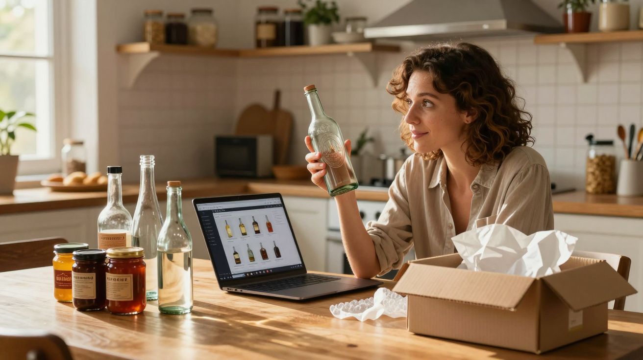 Femme examinant une bouteille en verre devant un ordinateur portable et un carton ouvert dans une cuisine lumineuse.