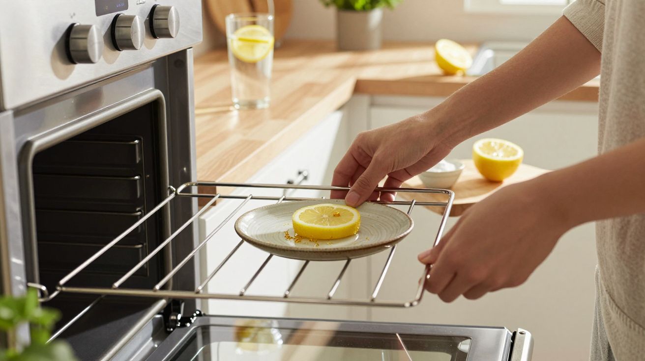 Personne plaçant une assiette avec une tranche de citron dans un four électrique dans une cuisine lumineuse.