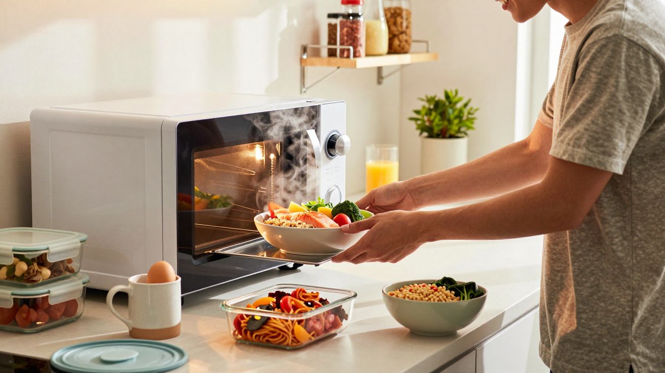 Personne sortant un bol de légumes cuits fumants d'un micro-ondes dans une cuisine moderne.