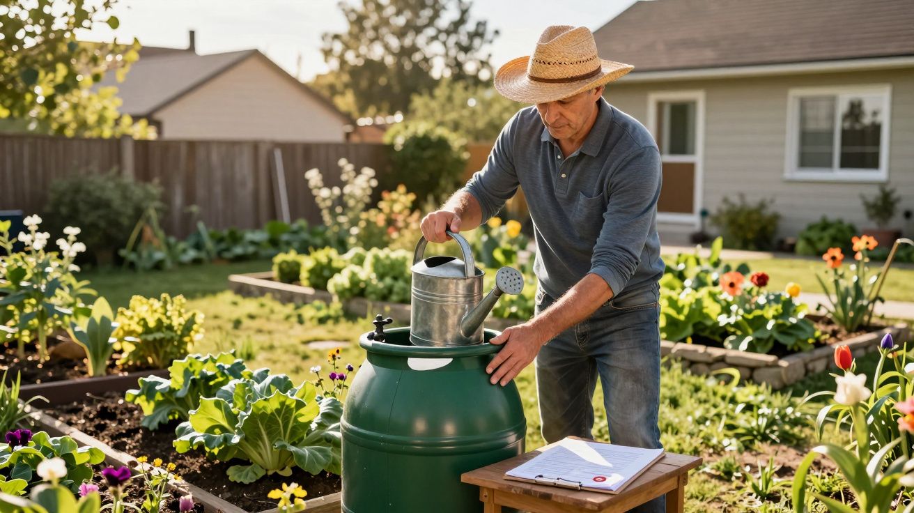 Homme âgé avec chapeau arrosant des plantes dans un jardin ensoleillé avec arrosoir et clipboard.
