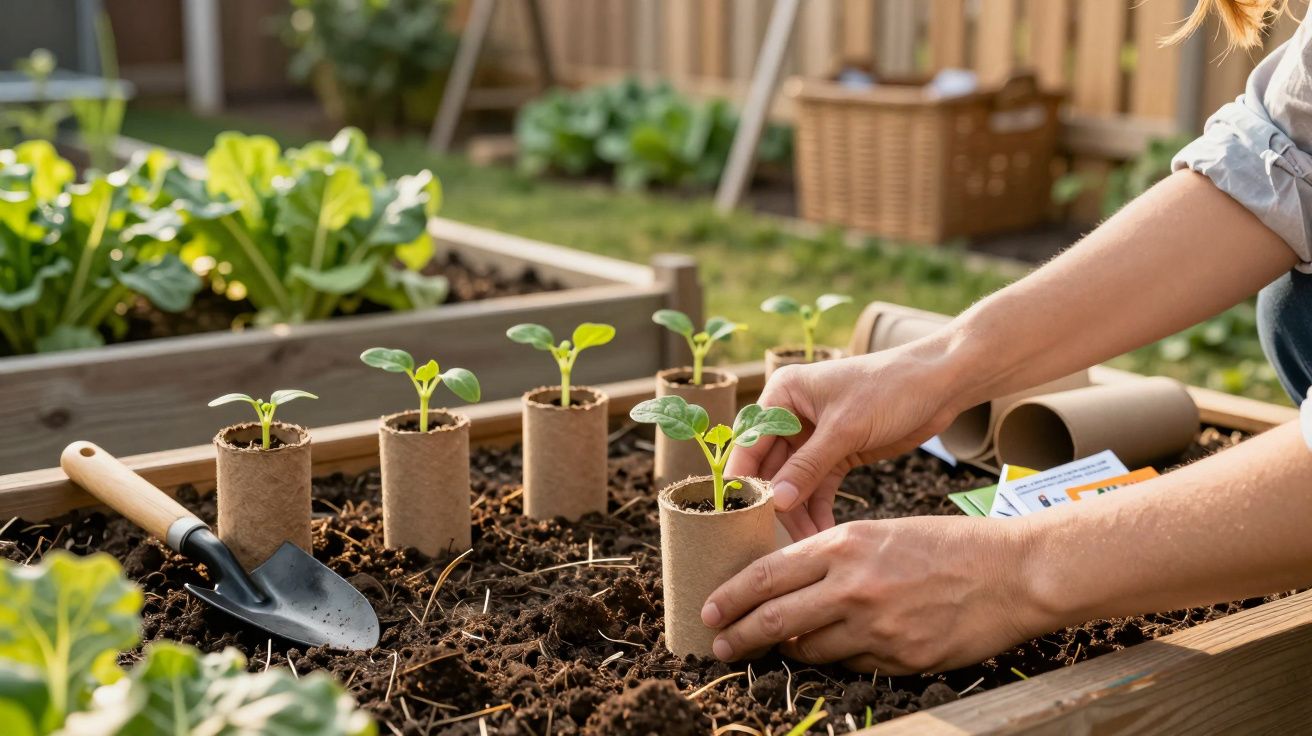 Personne plantant de jeunes pousses dans un pot en feuille biodégradable dans un jardin surélevé.