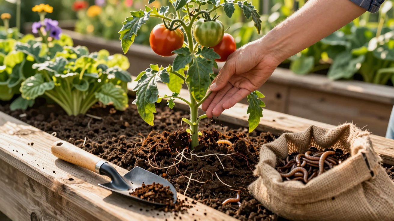 Main touchant une plante de tomates dans un jardin surélevé avec un sac de vers de terre et une pelle à terre.