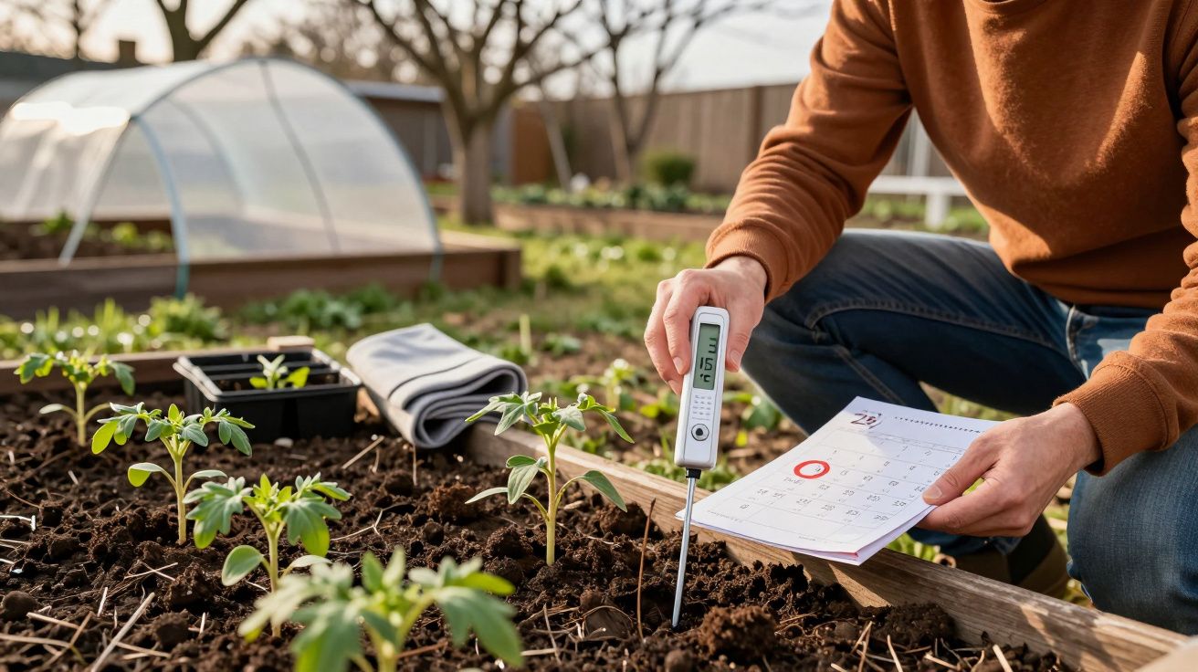 Personne mesurant la température du sol au potager avec un thermomètre numérique et un calendrier.