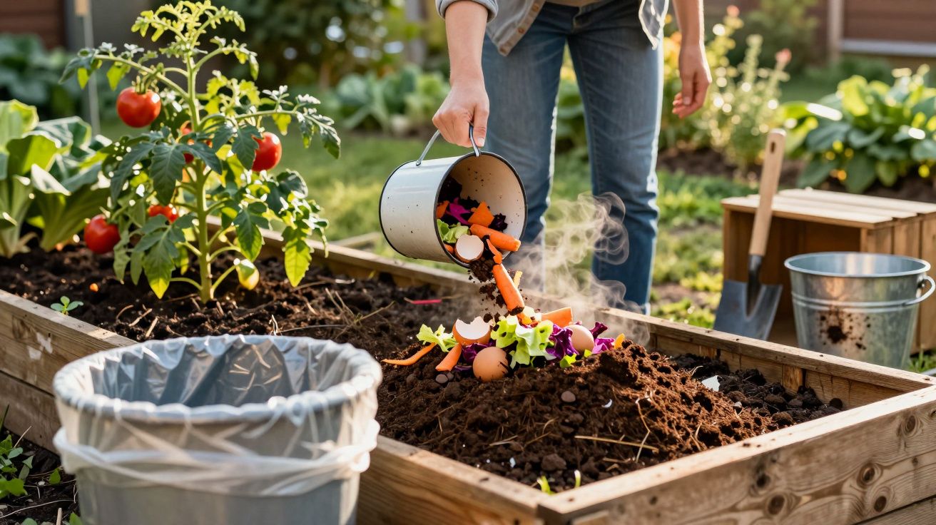Personne versant des déchets de cuisine dans un bac à compost dans un jardin potager urbain.