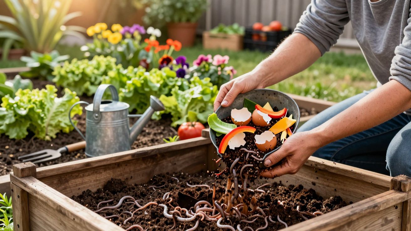 Personne ajoutant déchets organiques dans un bac à compost avec vers de terre dans un jardin potager.