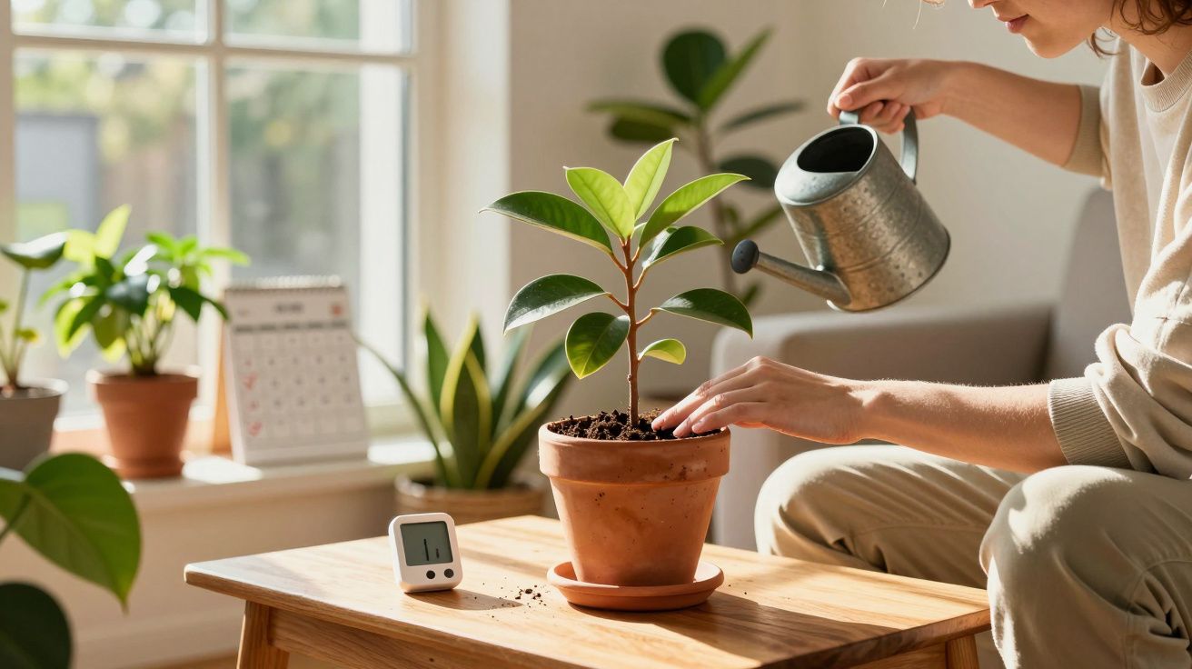 Personne arrosant une plante en pot sur une table en bois dans un salon lumineux.