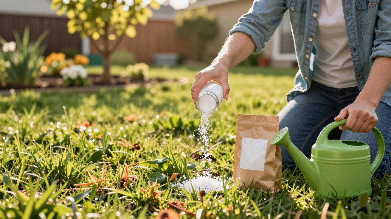 Personne versant de l'engrais sur des plantes dans un jardin avec un arrosoir vert à proximité.