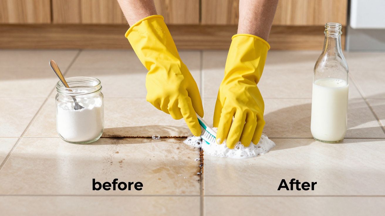 Gants jaunes nettoyant des carreaux de sol tachés avec une brosse, bicarbonate et lait de bouteille à côté.