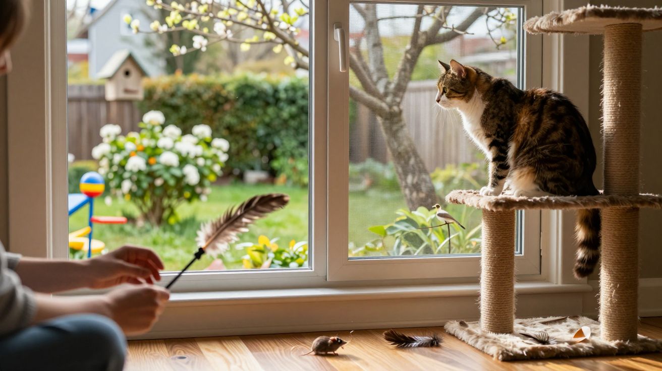 Chat sur un arbre à chat regardant une souris jouet tandis qu'une personne joue avec une plume près d'une fenêtre.