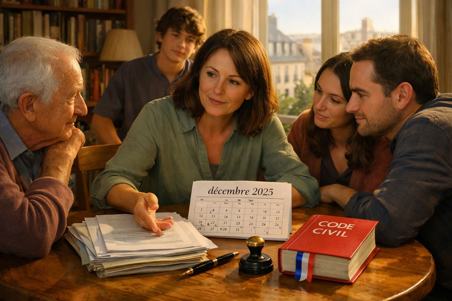 Quatre adultes discutent autour d’une table avec des documents, un calendrier de décembre 2025 et un livre du Code civil.