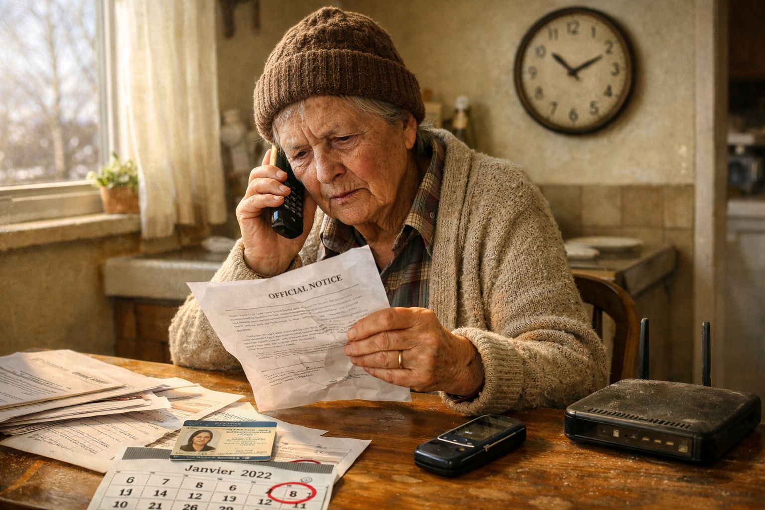 Femme âgée inquiète lisant un avis officiel au téléphone dans une cuisine ancienne.