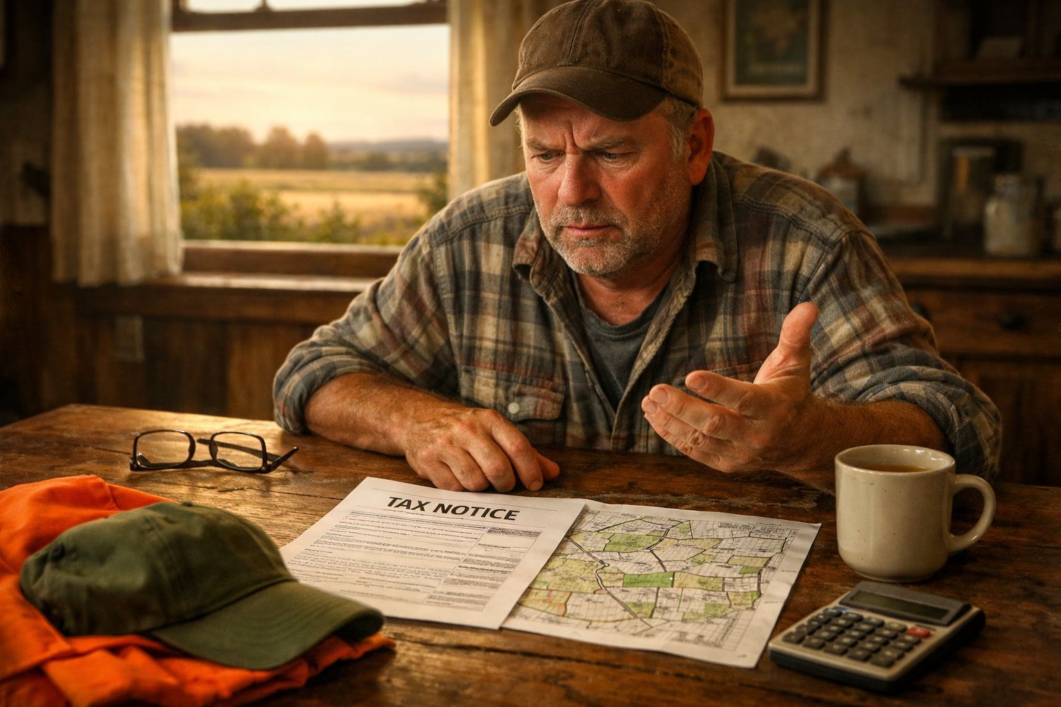 Homme perplexe examinant un avis d'imposition et une carte à une table en bois avec café et lunettes.